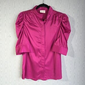 First Love Womens S Top Satin Stretch Pink Puff‎ Sleeve Button Down Preppy Glam